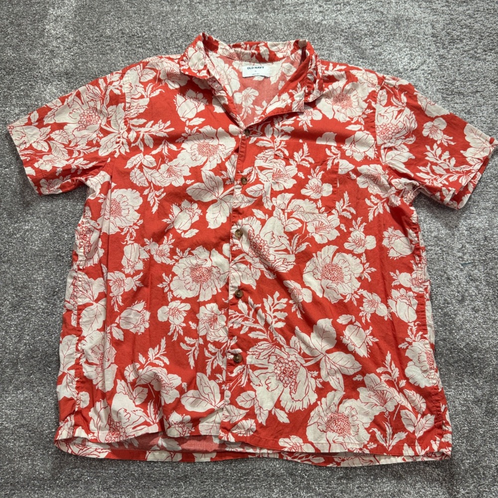 Old Navy Shirt Mens XL Red Floral Camp Tropical Hawaiian Beach Aloha Resort